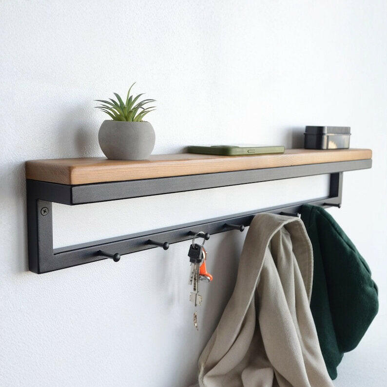 MAGHJI Wall Mounted Shelf with Coat Hooks, Wooden Top, Black Metal Fra