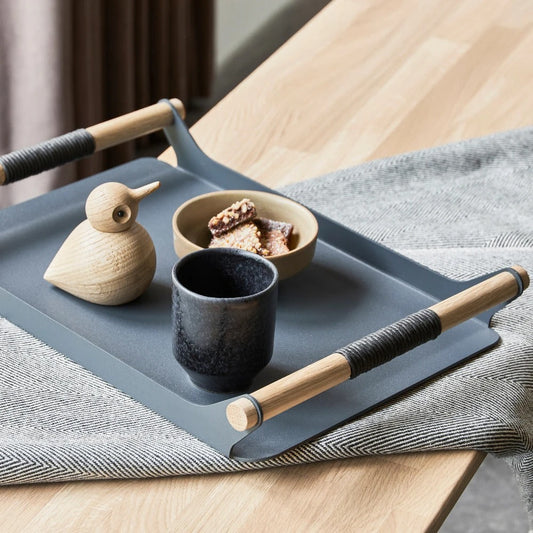 MAGHJI Modern Decorative Serving Tray with Wooden Handles, Grey Metal, Rectangular Design, Set of 2