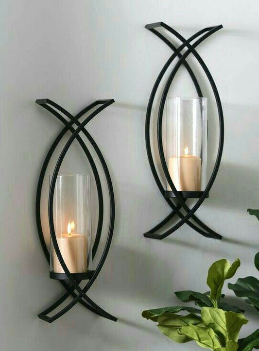 MAGHJI Modern Wall Sconce Candle Holders, Black Metal Frame Hurricane, Set of 2, Wall Mounted