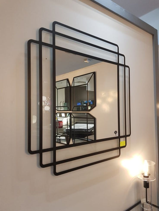 Maghji Modern Art Deco Wall Mirror with Black Metal Frame, Square Geometric Design, 61 cm