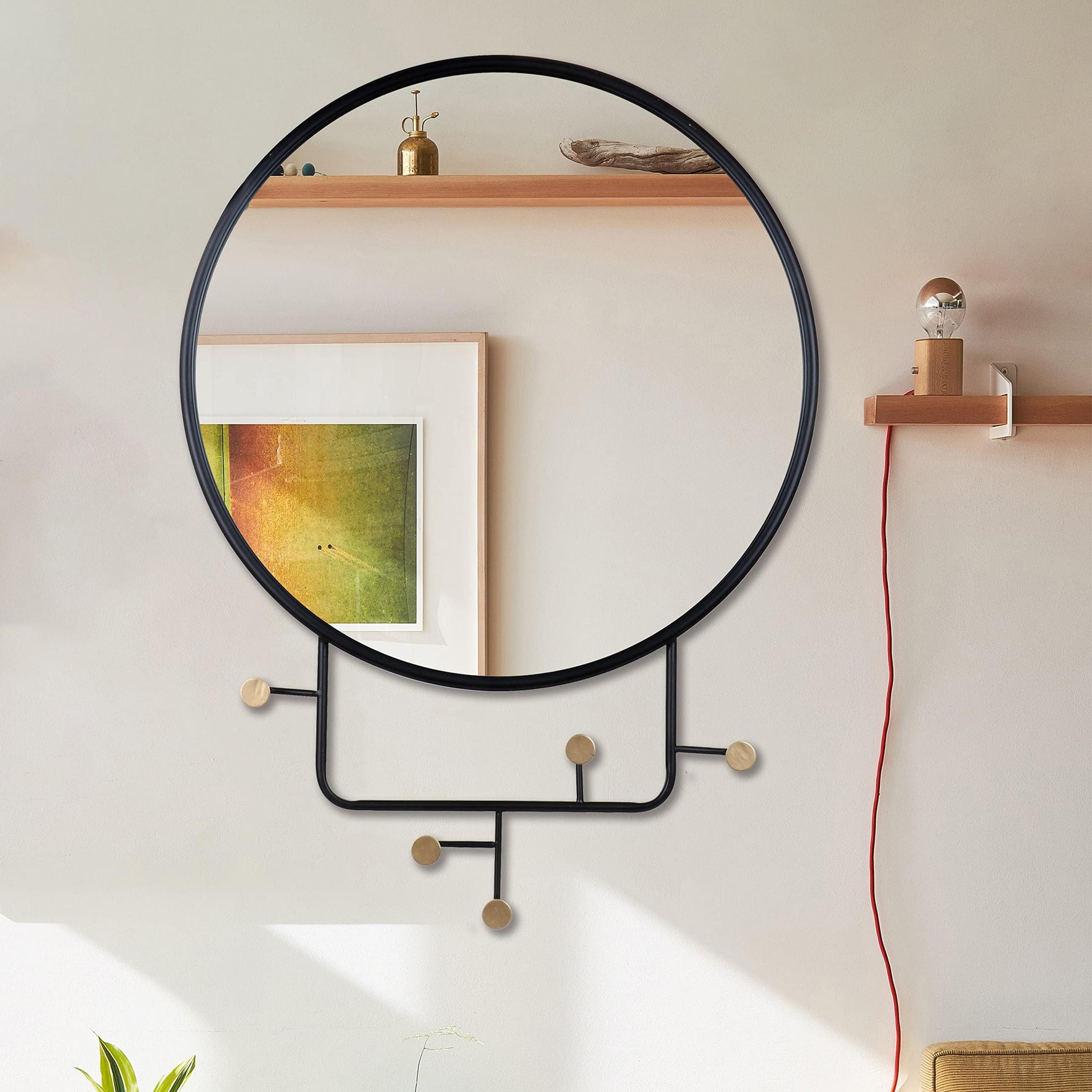 MAGHJI Modern Round Wall Mirror with Metal Frame and Decorative Hooks, Diameter 50 cm, Black.