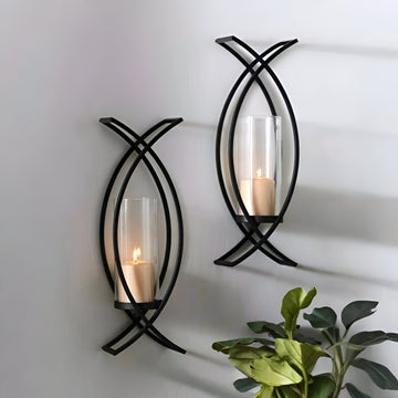 MAGHJI Modern Wall Sconce Candle Holders, Black Metal Frame Hurricane, Set of 2, Wall Mounted