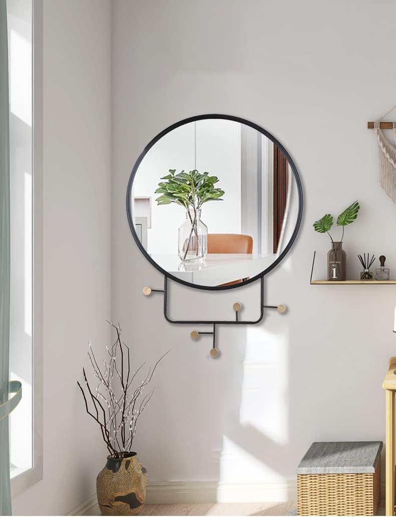 MAGHJI Modern Round Wall Mirror with Metal Frame and Decorative Hooks, Diameter 50 cm, Black.