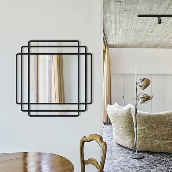 Maghji Modern Art Deco Wall Mirror with Black Metal Frame, Square Geometric Design, 61 cm