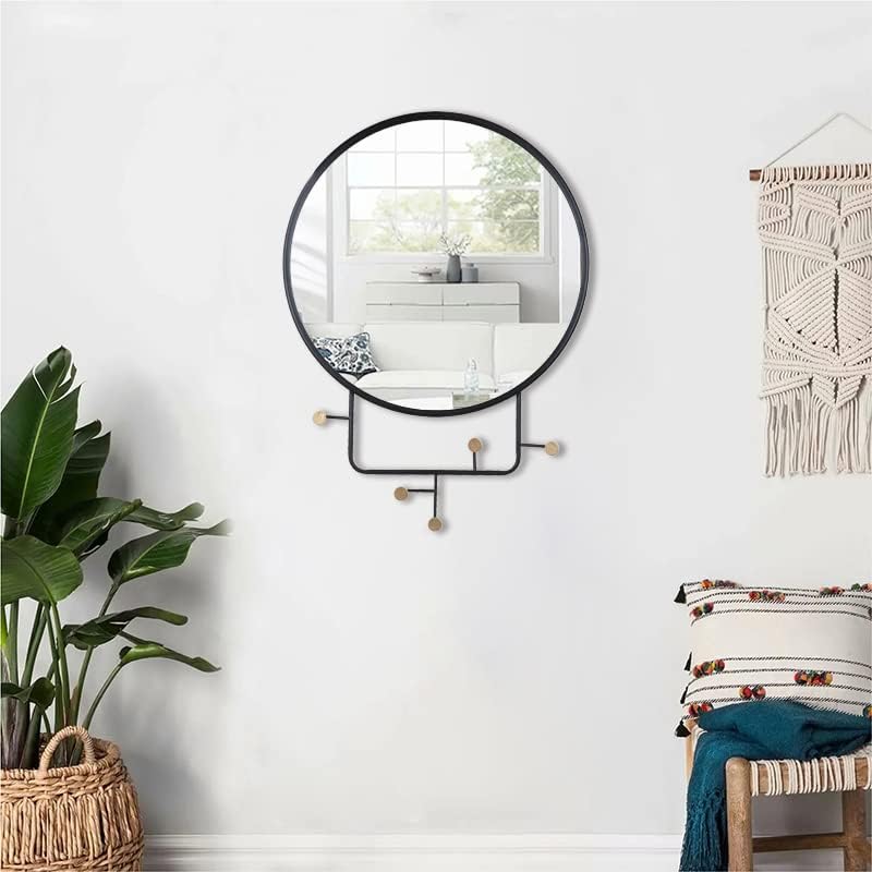 MAGHJI Modern Round Wall Mirror with Metal Frame and Decorative Hooks, Diameter 50 cm, Black.