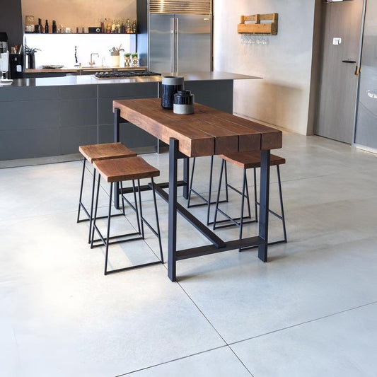 Industrial Solid Wood & Metal Dining Set – 4 Stools