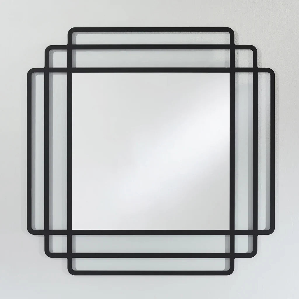 Maghji Modern Art Deco Wall Mirror with Black Metal Frame, Square Geometric Design, 61 cm.
