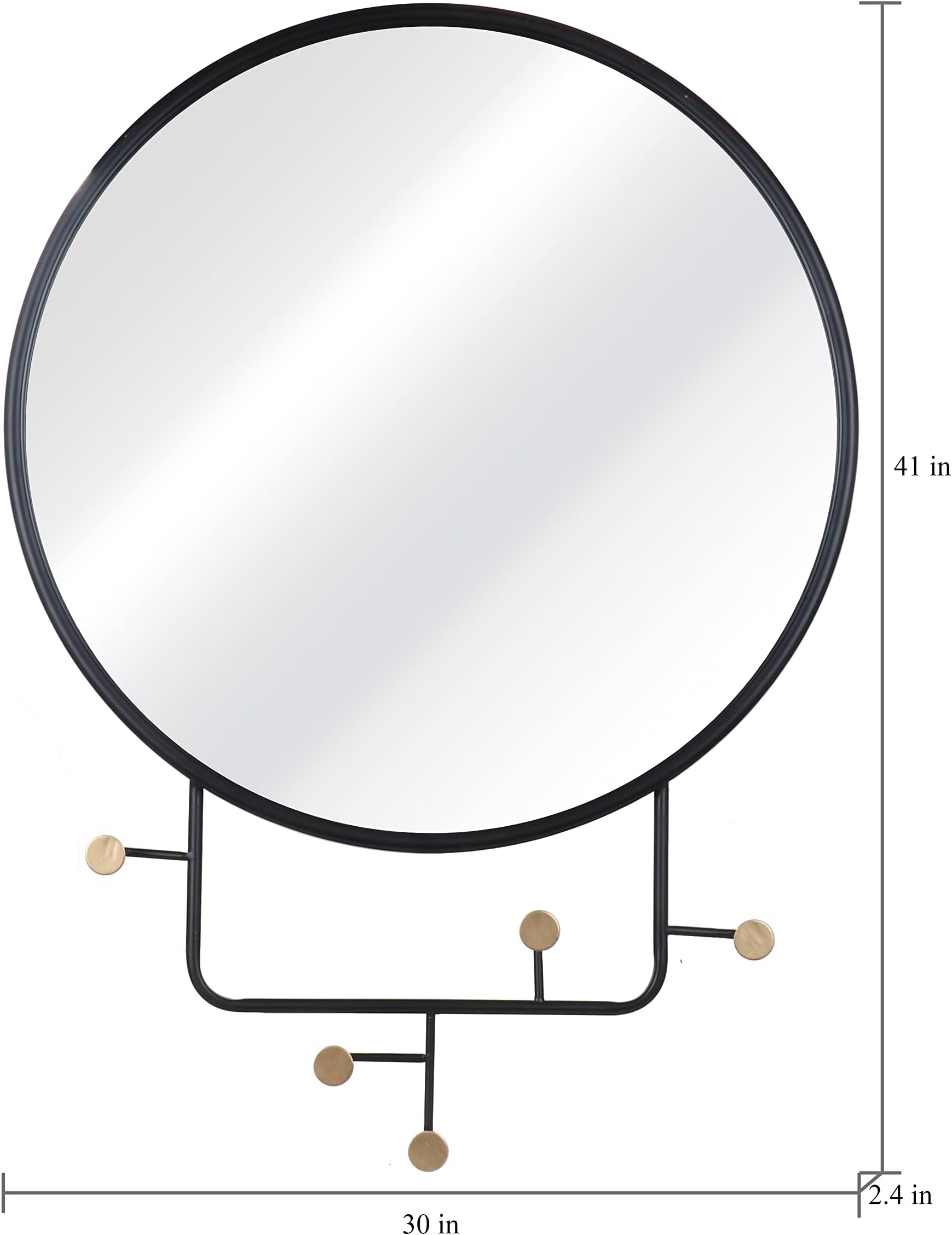 MAGHJI Modern Round Wall Mirror with Metal Frame and Decorative Hooks, Diameter 50 cm, Black.