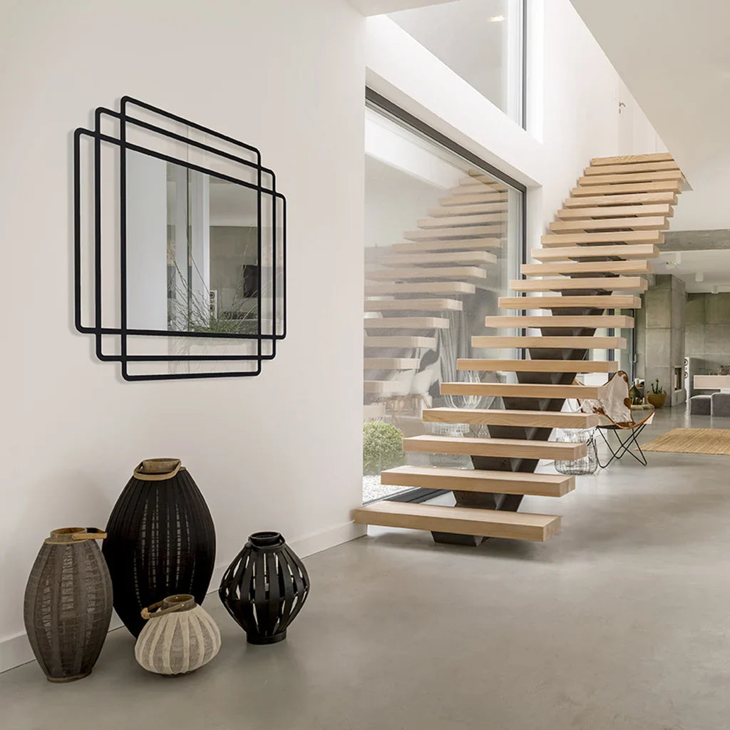 Maghji Modern Art Deco Wall Mirror with Black Metal Frame, Square Geometric Design, 61 cm.