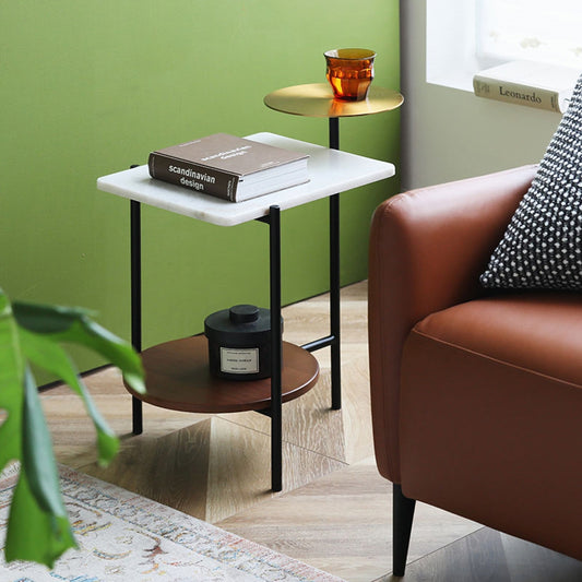 Modern 3-Tier End Table with Gold Accent, White Marble Top & Walnut Wood Shelf – Contemporary Side Table for Living Room or Bedroom