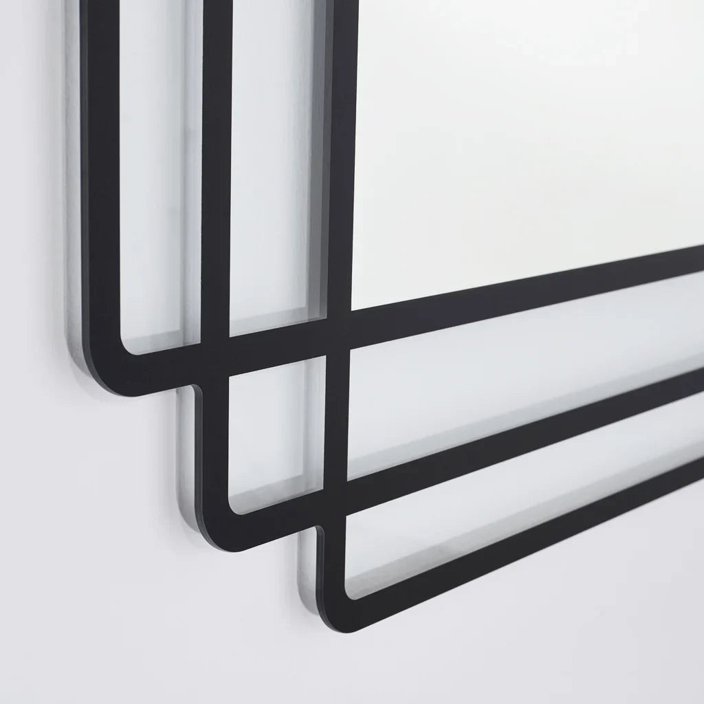 Maghji Modern Art Deco Wall Mirror with Black Metal Frame, Square Geometric Design, 61 cm.