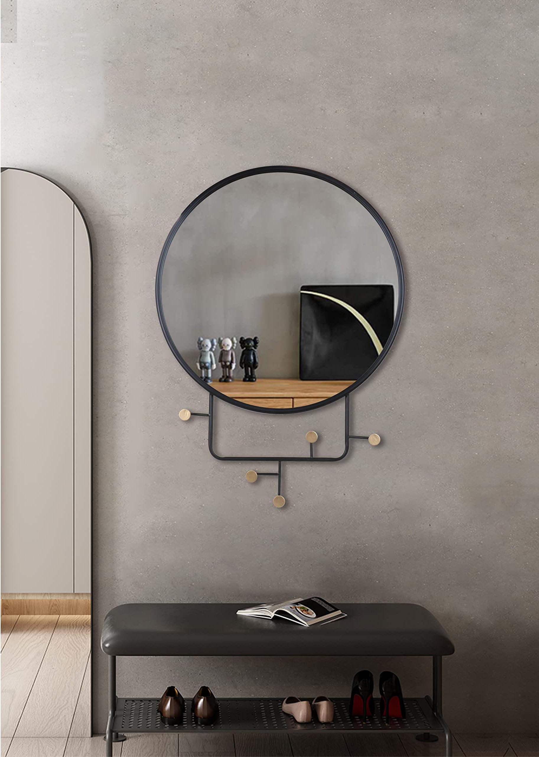 MAGHJI Modern Round Wall Mirror with Metal Frame and Decorative Hooks, Diameter 50 cm, Black.