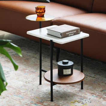 Modern 3-Tier End Table with Gold Accent, White Marble Top & Walnut Wood Shelf – Contemporary Side Table for Living Room or Bedroom