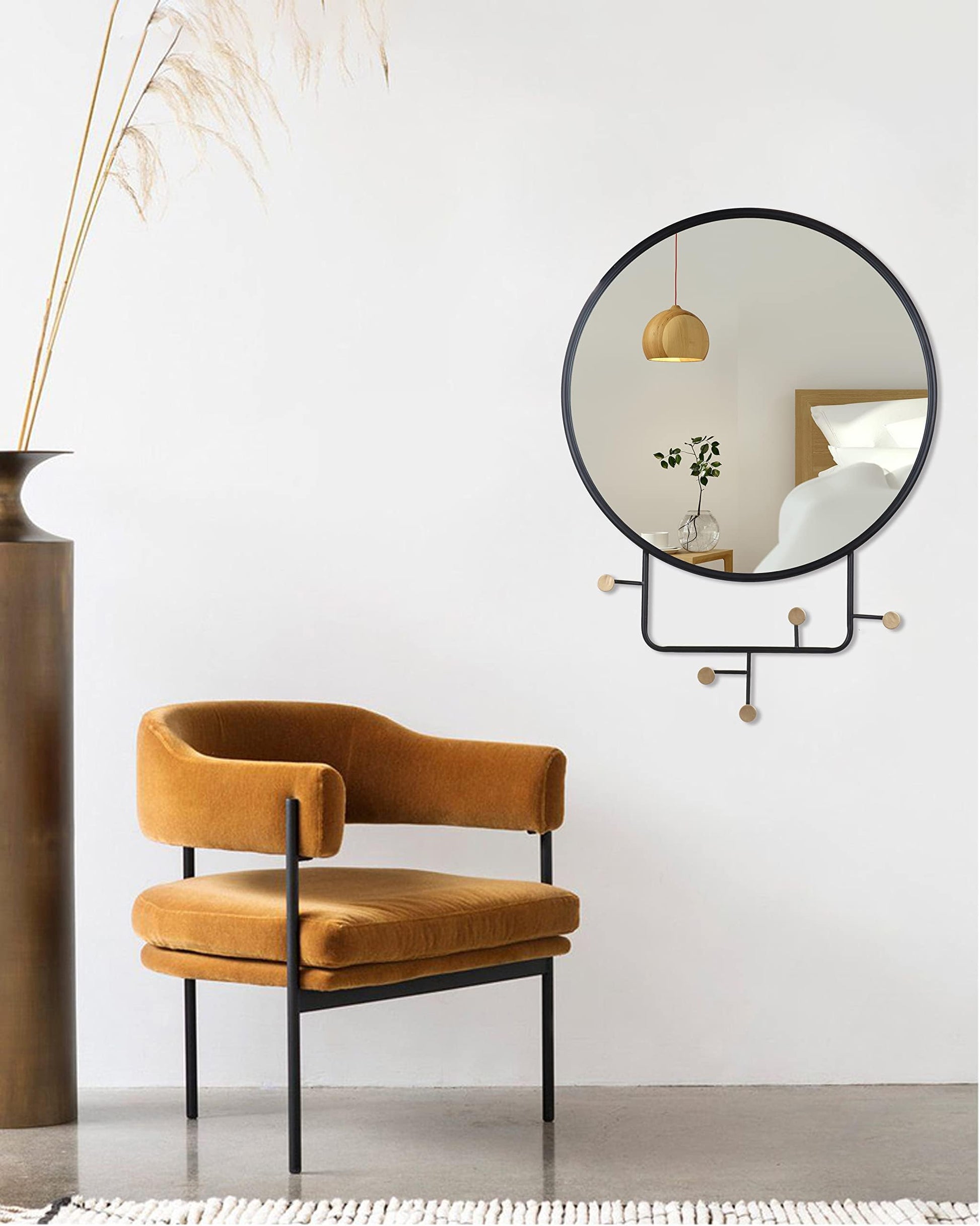 MAGHJI Modern Round Wall Mirror with Metal Frame and Decorative Hooks, Diameter 50 cm, Black.