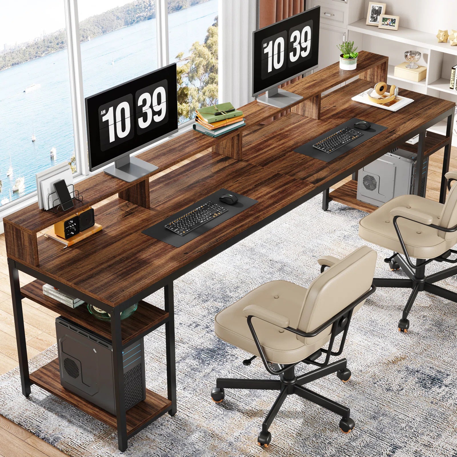 Dual workstation computer desk with monitor riser, sleek and functional office furniture