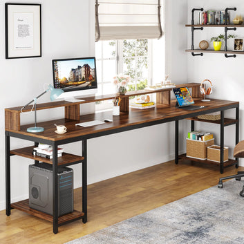 Dual Workstation Desk with Monitor Shelf – 2-Person Gaming & Office Setup