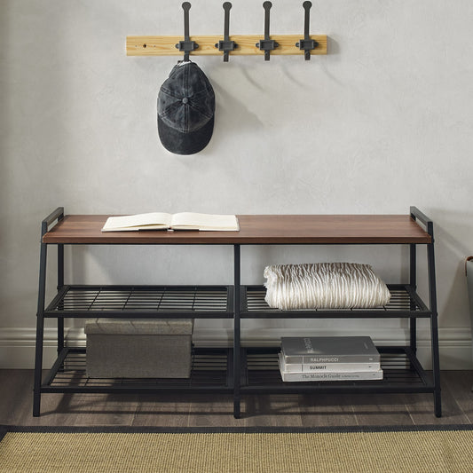 Industrial Entryway Bench with Shelving – Wood & Metal Design