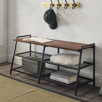 Industrial Entryway Bench with Shelving – Wood & Metal Design