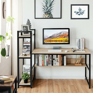2-Tier Computer Desk with Side Bookshelf – Space-Saving Modern Workstation