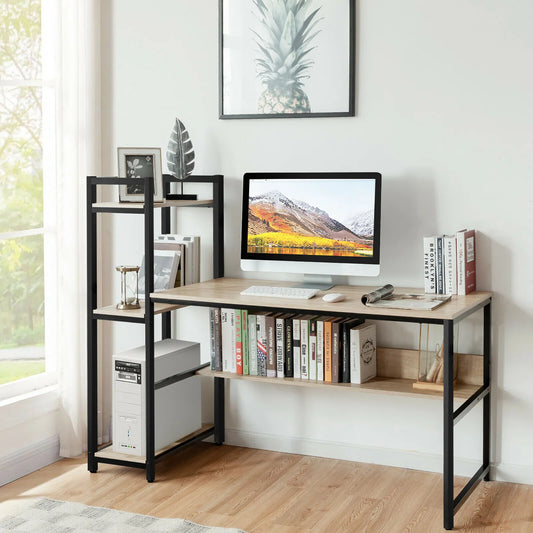 2-Tier Computer Desk with Side Bookshelf – Space-Saving Modern Workstation