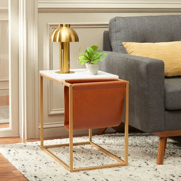 Marble Side Table with Pu Storage Office Bedroom Sofa Side Table.