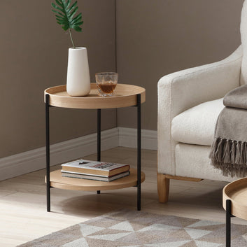 Modern Scandinavian Round Coffee Table & Side Table Set – Light Oak Veneer Finish with Black Metal Legs and Storage Shelf