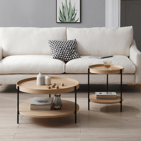 Modern Scandinavian Round Coffee Table & Side Table Set – Light Oak Veneer Finish with Black Metal Legs and Storage Shelf