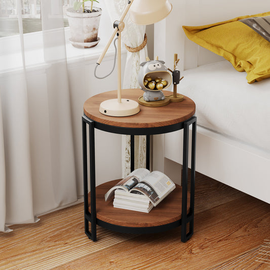 Modern Round Wood & Metal End Table – 2-Tier Side Table with Black Frame and Walnut Finish