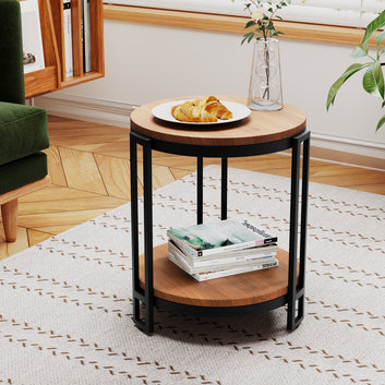 Modern Round Wood & Metal End Table – 2-Tier Side Table with Black Frame and Walnut Finish