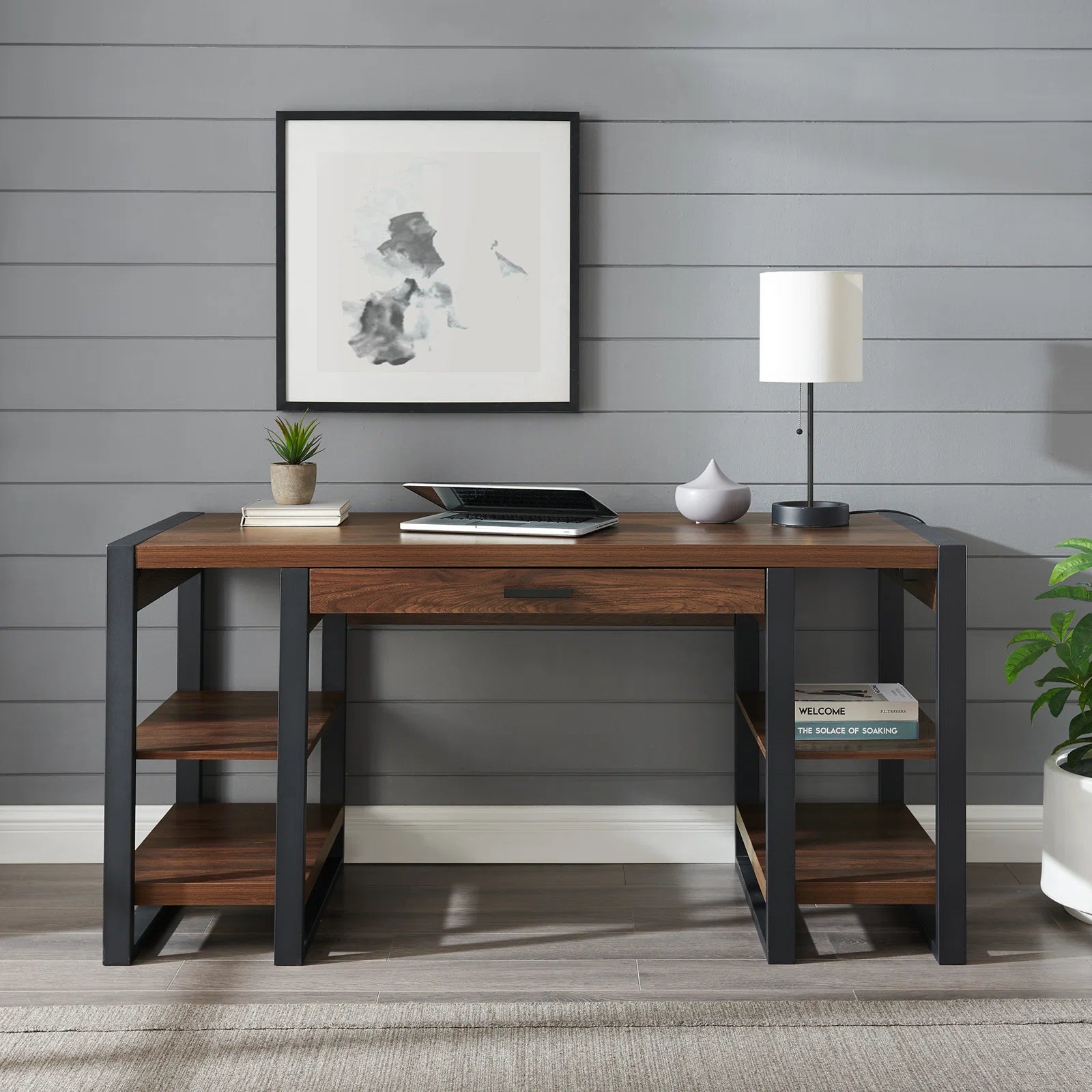 Maghji 60" Tech Desk with USB Ports & Open Storage – Modern Industrial Office Hub