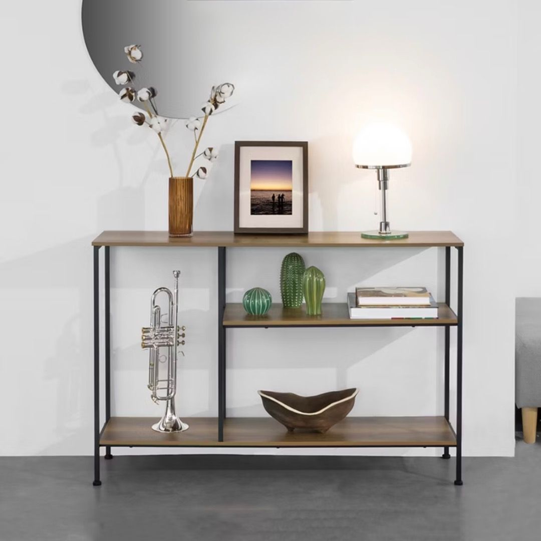 Three-Tier Industrial Console Shelf with Rustic Wood Finish
