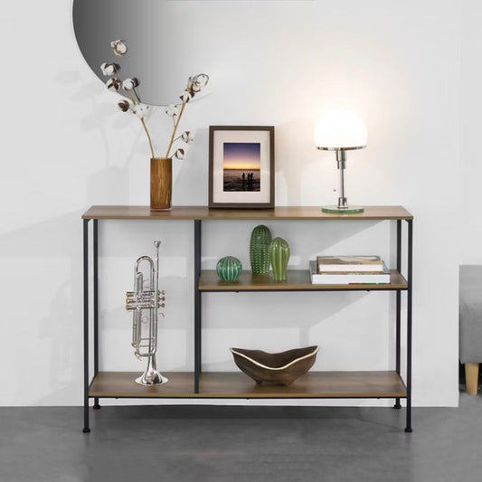 Three-Tier Industrial Console Shelf with Rustic Wood Finish