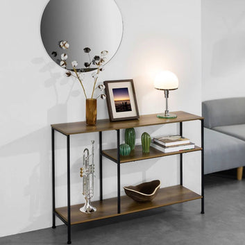 Three-Tier Industrial Console Shelf with Rustic Wood Finish