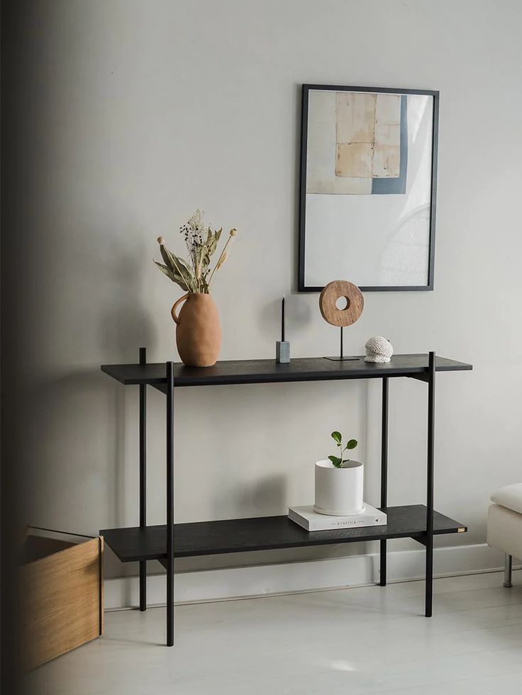 Minimalist Black Metal & Wood Console Shelf
