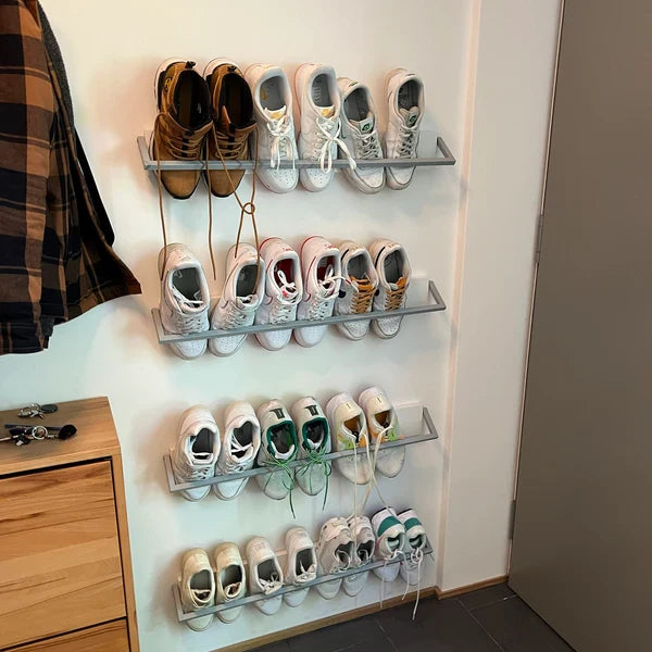 MAGHJI Wall Mounted Shoe Holder Shelf, Black Metal and Wood, 2 Units.