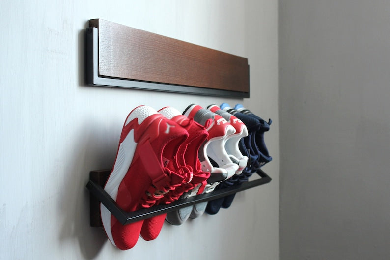 MAGHJI Wall Mounted Shoe Holder Shelf, Black Metal and Wood, 2 Units.