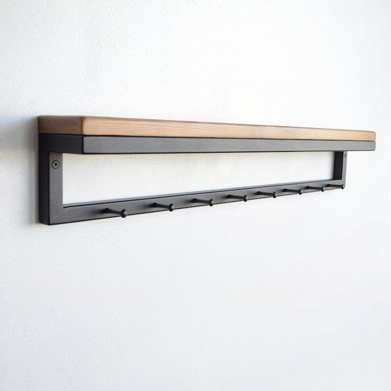 MAGHJI Wall Mounted Shelf with Coat Hooks, Wooden Top, Black Metal Frame, Modern Entryway Storage.