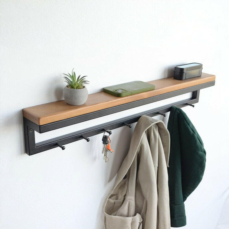 MAGHJI Wall Mounted Shelf with Coat Hooks, Wooden Top, Black Metal Frame, Modern Entryway Storage.