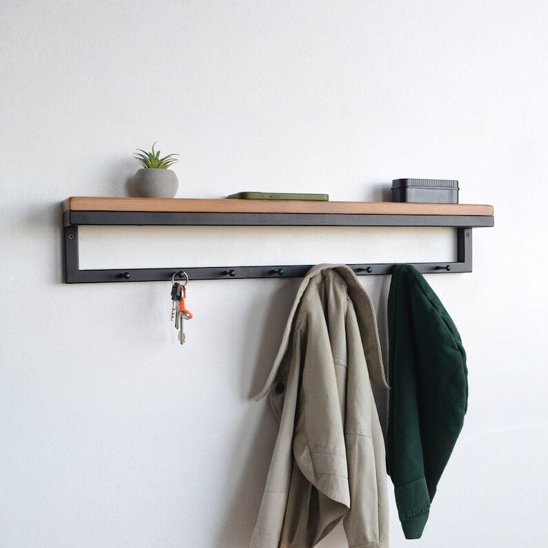 MAGHJI Wall Mounted Shelf with Coat Hooks, Wooden Top, Black Metal Frame, Modern Entryway Storage.