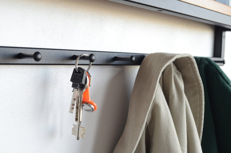MAGHJI Wall Mounted Shelf with Coat Hooks, Wooden Top, Black Metal Frame, Modern Entryway Storage.