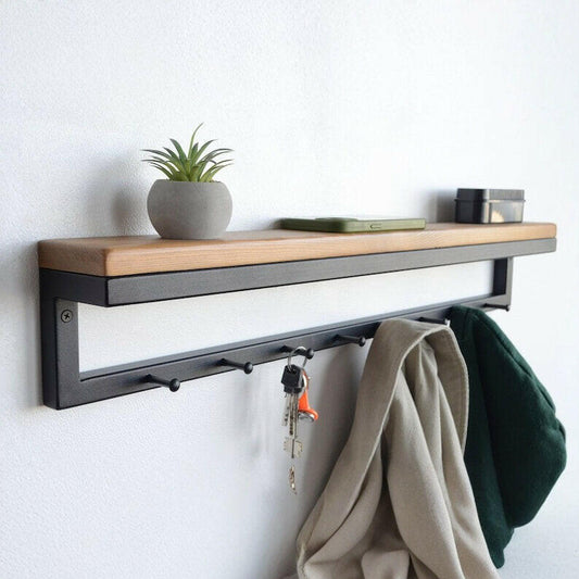 MAGHJI Wall Mounted Shelf with Coat Hooks, Wooden Top, Black Metal Frame, Modern Entryway Storage