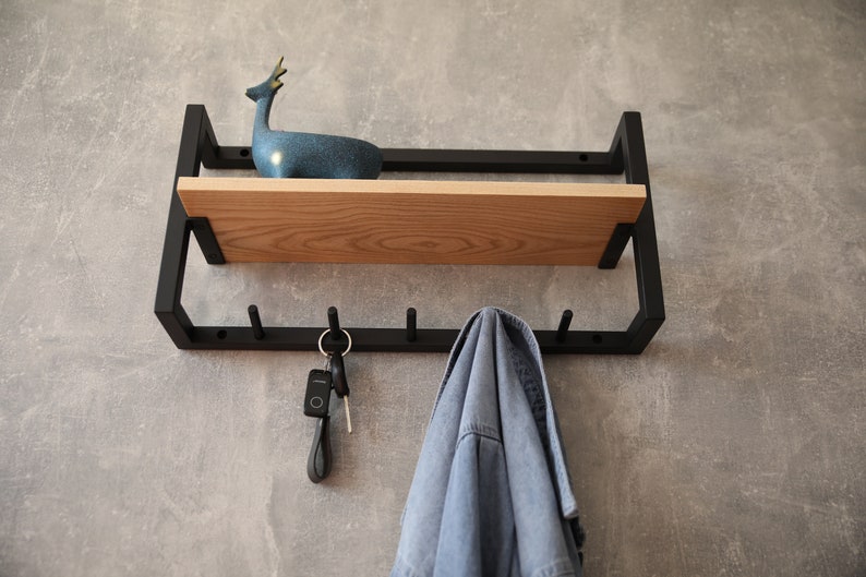 MAGHJI Wall-Mounted Wooden Shelf with Hooks, Black.