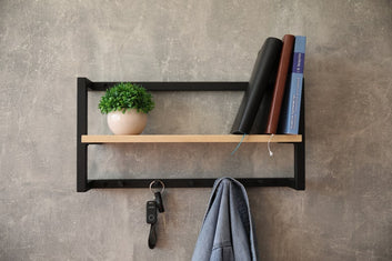 MAGHJI Wall-Mounted Wooden Shelf with Hooks, Black