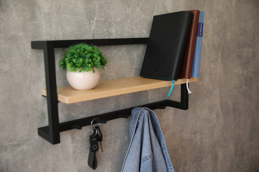 MAGHJI Wall-Mounted Wooden Shelf with Hooks, Black