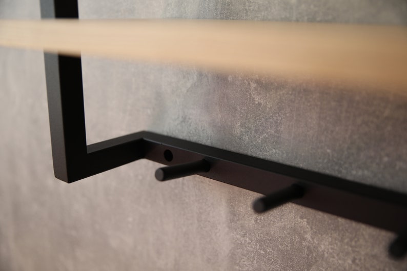 MAGHJI Wall-Mounted Wooden Shelf with Hooks, Black.