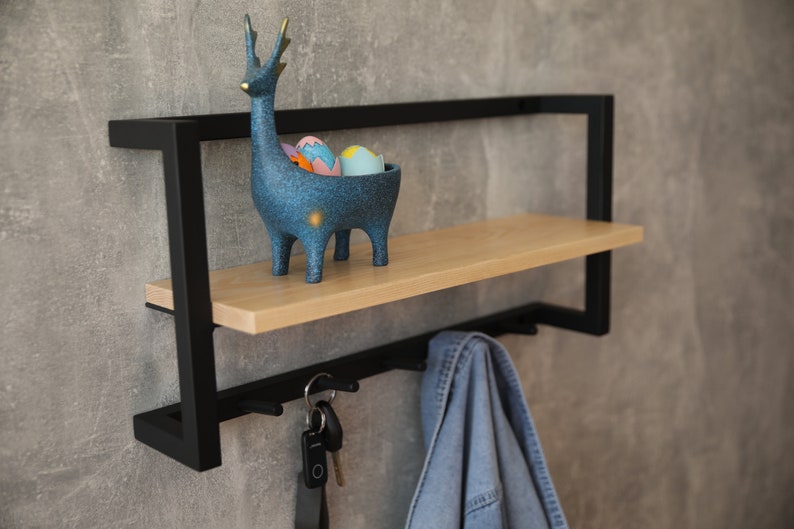 MAGHJI Wall-Mounted Wooden Shelf with Hooks, Black.