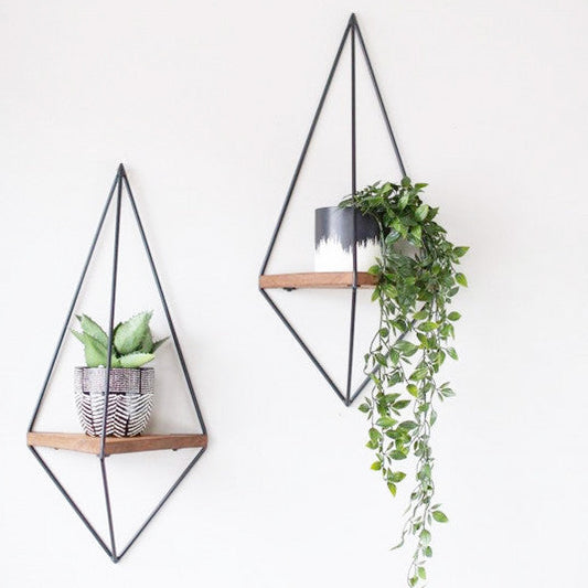 MAGHJI Set of 2 Geometric Floating Wall Planters, Triangle Design with Metal and Wood, Black Finish