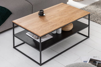 Modern Industrial Coffee Table with Oak Top and Black Metal Frame