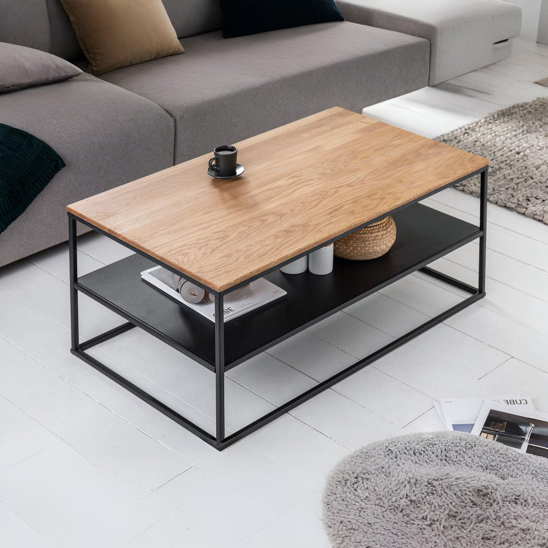 Modern Industrial Coffee Table with Oak Top and Black Metal Frame