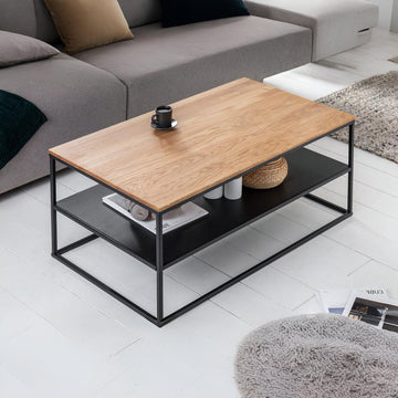 Modern Industrial Coffee Table with Oak Top and Black Metal Frame